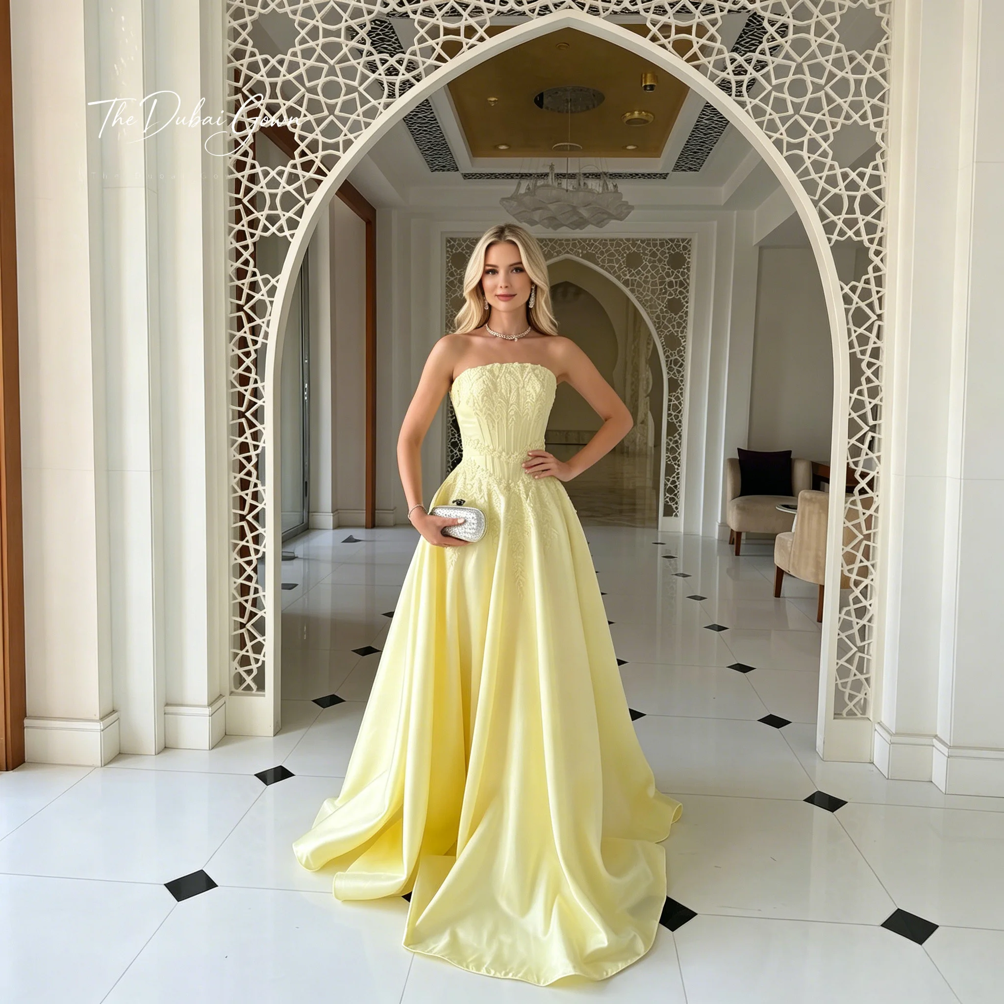 Elegant Yellow Strapless Sleeveless Ball Gown Floor Length Formal Evening & Prom Dress with Draping and Embroidery
Elegant Yellow Strapless Sleeveless Ball Gown Floor Length Formal Evening & Prom Dress with Draping and Embroidery