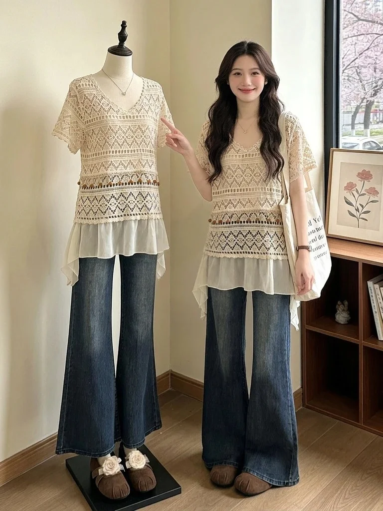 Bohemian Style Lace Shirt Women's Hollow out Hook Flower Large Size Summer New Fashion Vacation Style Top Women's Fashion
Bohemian Style Lace Shirt Women's Hollow out Hook Flower Large Size Summer New Fashion Vacation Style Top Women's Fashion