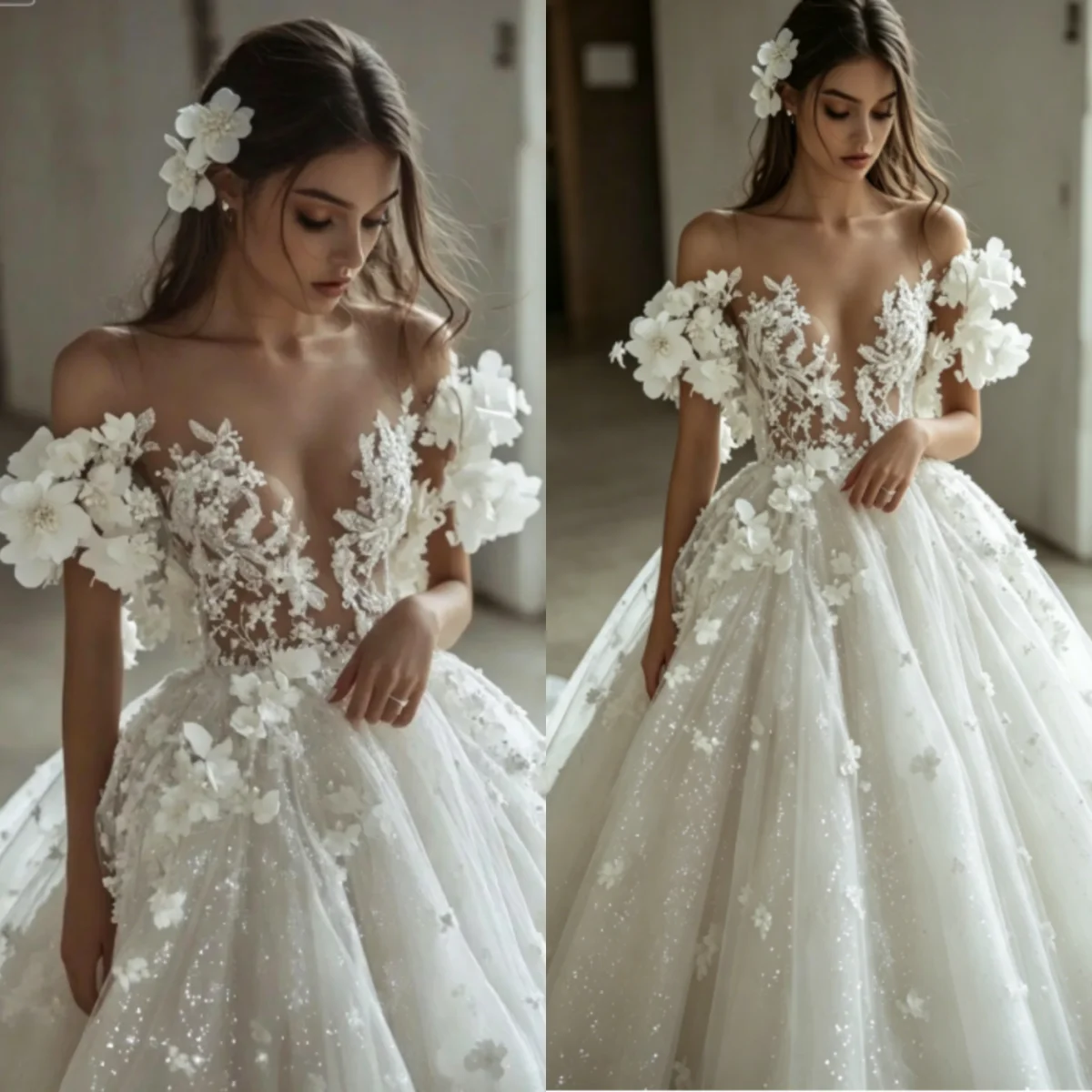 Custom 2026 Off Shoulder 3D Floral Ball Gown Wedding Dress Sheer Corset Deep V Neck Sparkly Tulle Bridal Gown
Custom 2026 Off Shoulder 3D Floral Ball Gown Wedding Dress Sheer Corset Deep V Neck Sparkly Tulle Bridal Gown