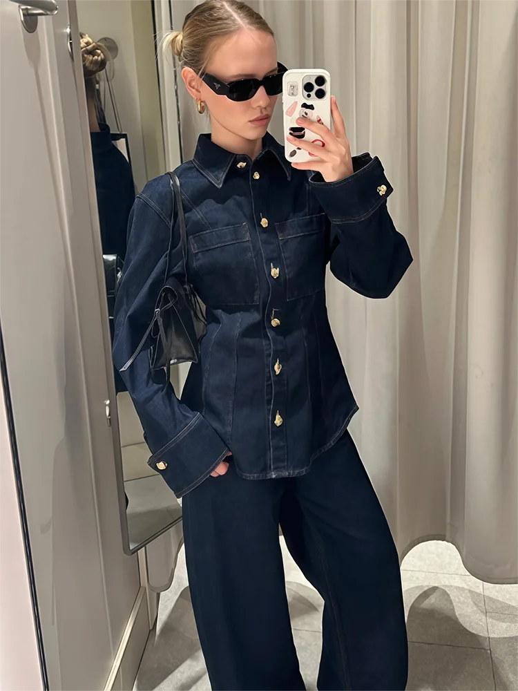 Chic Denim Suit Exquisite Buttons Lapel Pockets Jacket High Waist Wide Leg Jeans Women's Pantsuit Denim Outfits For Female
Chic Denim Suit Exquisite Buttons Lapel Pockets Jacket High Waist Wide Leg Jeans Women's Pantsuit Denim Outfits For Female