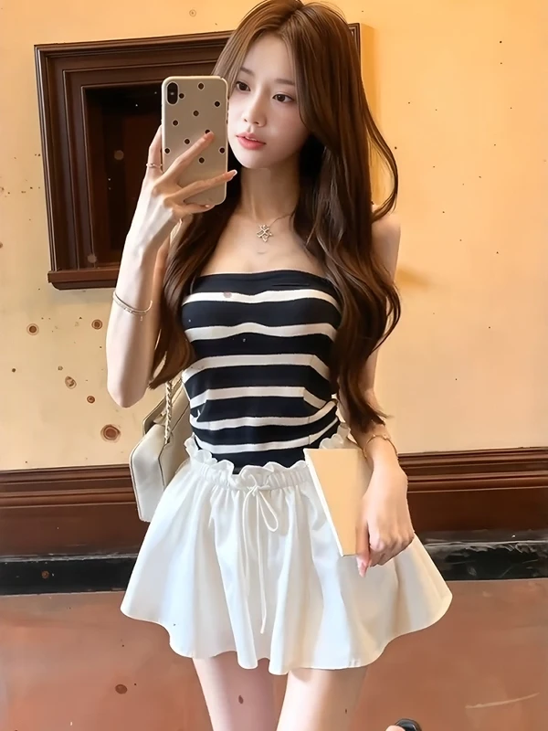 Korean Style One-Shoulder Striped Slimming Tube Top with Drawstring Half Skirt Two-Piece Set Women Summer Sexy Girl Whole Set
Korean Style One-Shoulder Striped Slimming Tube Top with Drawstring Half Skirt Two-Piece Set Women Summer Sexy Girl Whole Set