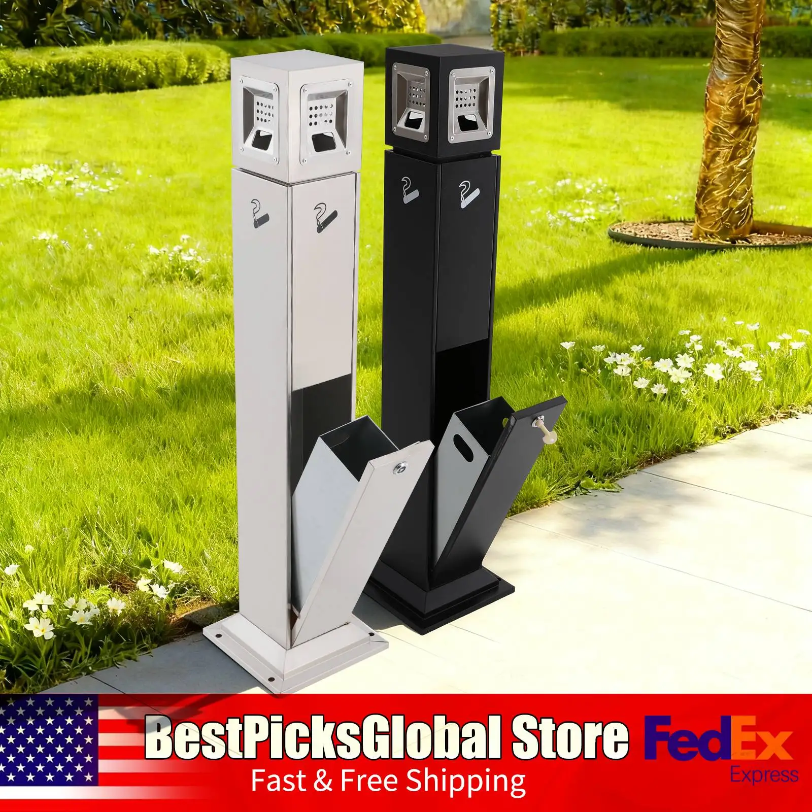 Outdoor Standing Butt Receptacle with Secure Lock, Black / Stainless Steel Color, Cigarette Butt Receptacle for Hotel, Lobby
Outdoor Standing Butt Receptacle with Secure Lock, Black / Stainless Steel Color, Cigarette Butt Receptacle for Hotel, Lobby