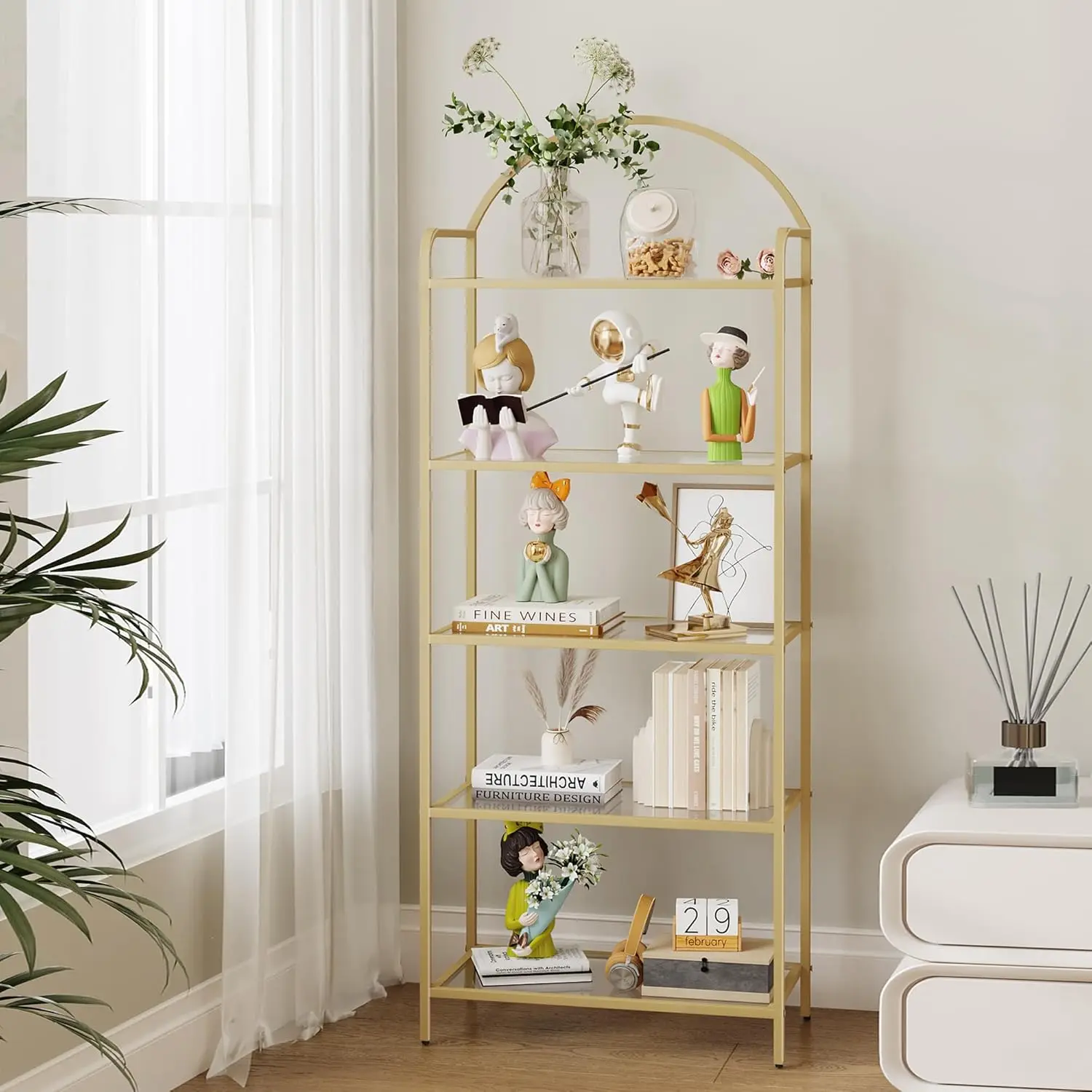 5-Tier Tempered Glass Bookshelf with Gold Frame, Slim Storage Unit for Home Office Bedroom
5-Tier Tempered Glass Bookshelf with Gold Frame, Slim Storage Unit for Home Office Bedroom