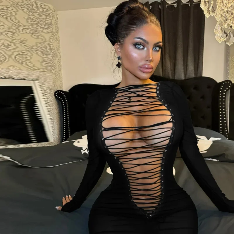 Sexy Hollow Out Shirring Mini Dresses Women Hipster Long Sleeve Lace Up Stretch Skinny Bodycon Coquette Midnight Party Clubwear
Sexy Hollow Out Shirring Mini Dresses Women Hipster Long Sleeve Lace Up Stretch Skinny Bodycon Coquette Midnight Party Clubwear