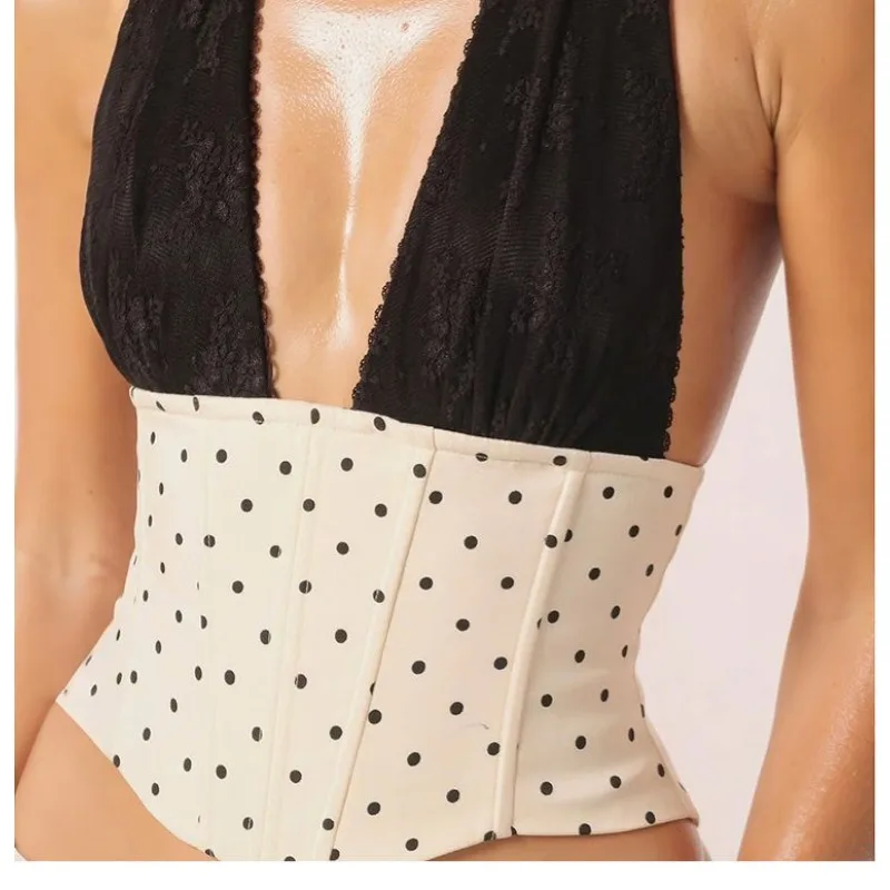 Women French Sweet Lace Halter Deep V Bodysuit Polka Dot Waist Corset Two Piece Outfit
Women French Sweet Lace Halter Deep V Bodysuit Polka Dot Waist Corset Two Piece Outfit