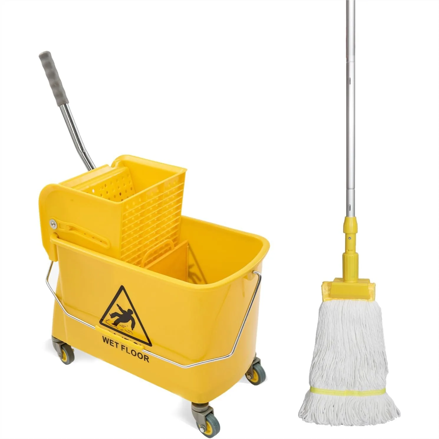 Mop Bucket with Wringer on Wheels, 5.5 Gallon, Floor Cleaning with Cotton Mop, 16.5" L x 10.6" W x 26.4" H
Mop Bucket with Wringer on Wheels, 5.5 Gallon, Floor Cleaning with Cotton Mop, 16.5" L x 10.6" W x 26.4" H