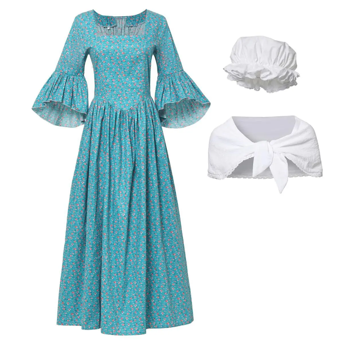 Women Colonial Victorian Pilgrim Cosplay Blue Floral Dress Hat Shawl Pioneer Outfit Halloween Carnival Stage Costume
Women Colonial Victorian Pilgrim Cosplay Blue Floral Dress Hat Shawl Pioneer Outfit Halloween Carnival Stage Costume