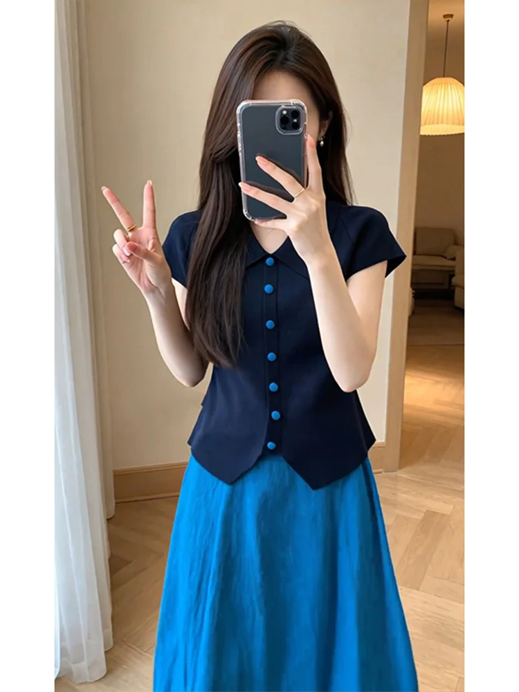 Summer Fashion Women's Slim Fit Knitted Short Sleeve Top And Blue Wide Leg Pants Two Piece Set Casual Wear Office Suitable
Summer Fashion Women's Slim Fit Knitted Short Sleeve Top And Blue Wide Leg Pants Two Piece Set Casual Wear Office Suitable