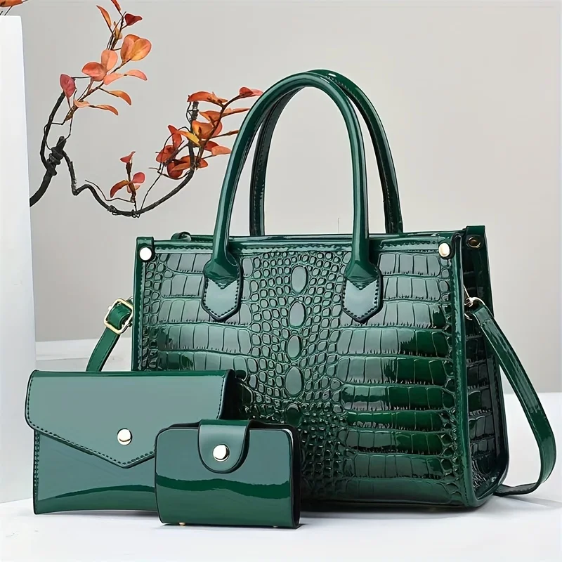 3pcs Crocodile Pattern Womens Purse Set - Stylish Top Handle Tote Bag, Chic Crossbody Handbag, Compact Clutch Bag, and Credit Ca
3pcs Crocodile Pattern Womens Purse Set - Stylish Top Handle Tote Bag, Chic Crossbody Handbag, Compact Clutch Bag, and Credit Ca