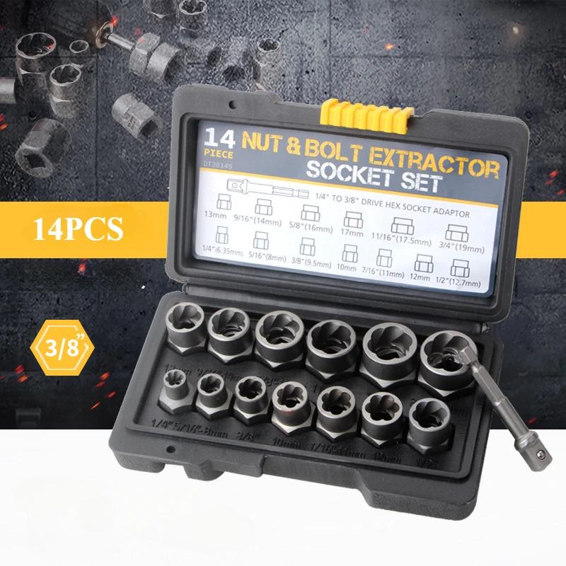 14pcs/box Socket Set Nut Extractor Reverse Tooth Sleeve Sliding Tooth Anti-theft Screw Bad Nut Rogue Removal Tool Herramientas
14pcs/box Socket Set Nut Extractor Reverse Tooth Sleeve Sliding Tooth Anti-theft Screw Bad Nut Rogue Removal Tool Herramientas