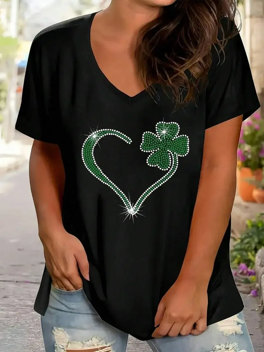 Women Casual V-Neck Short Sleeve T-Shirt With Clover Heart Print Cotton Elastane Oversized Top
Women Casual V-Neck Short Sleeve T-Shirt With Clover Heart Print Cotton Elastane Oversized Top