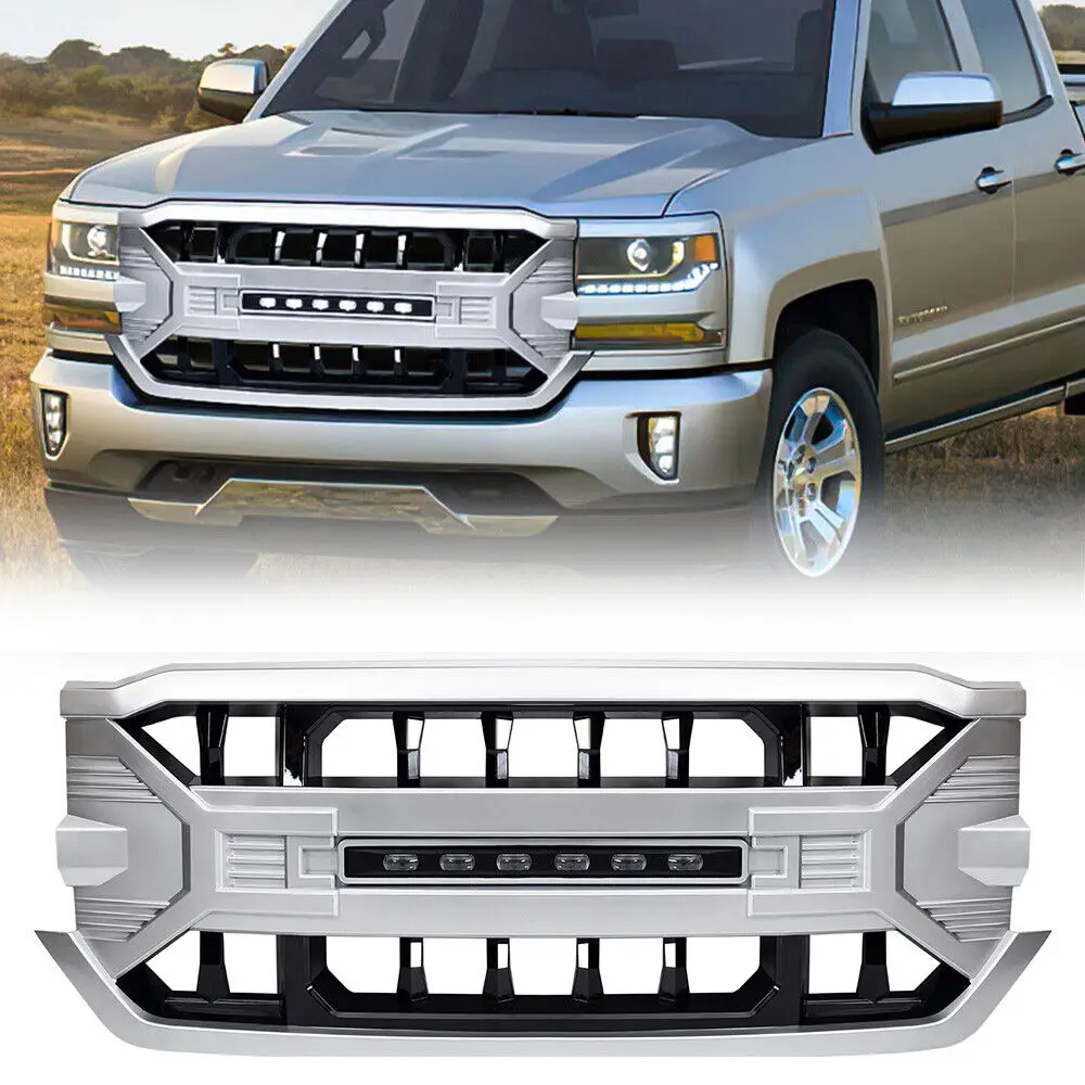 US STOCK Car Grills Silver Front Armor Grille Bumper Grill with LED Off-Road LED Lights for 2016 2017 2018 Chevy Silverado 1500
US STOCK Car Grills Silver Front Armor Grille Bumper Grill with LED Off-Road LED Lights for 2016 2017 2018 Chevy Silverado 1500