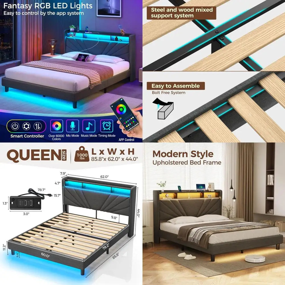 Queen Size Bed with Storage, Charging Station, LED Lights, Upholstered, Wood Slats, No Box Spring, Noise-Free, Easy Assembly, Gr
Queen Size Bed with Storage, Charging Station, LED Lights, Upholstered, Wood Slats, No Box Spring, Noise-Free, Easy Assembly, Gr