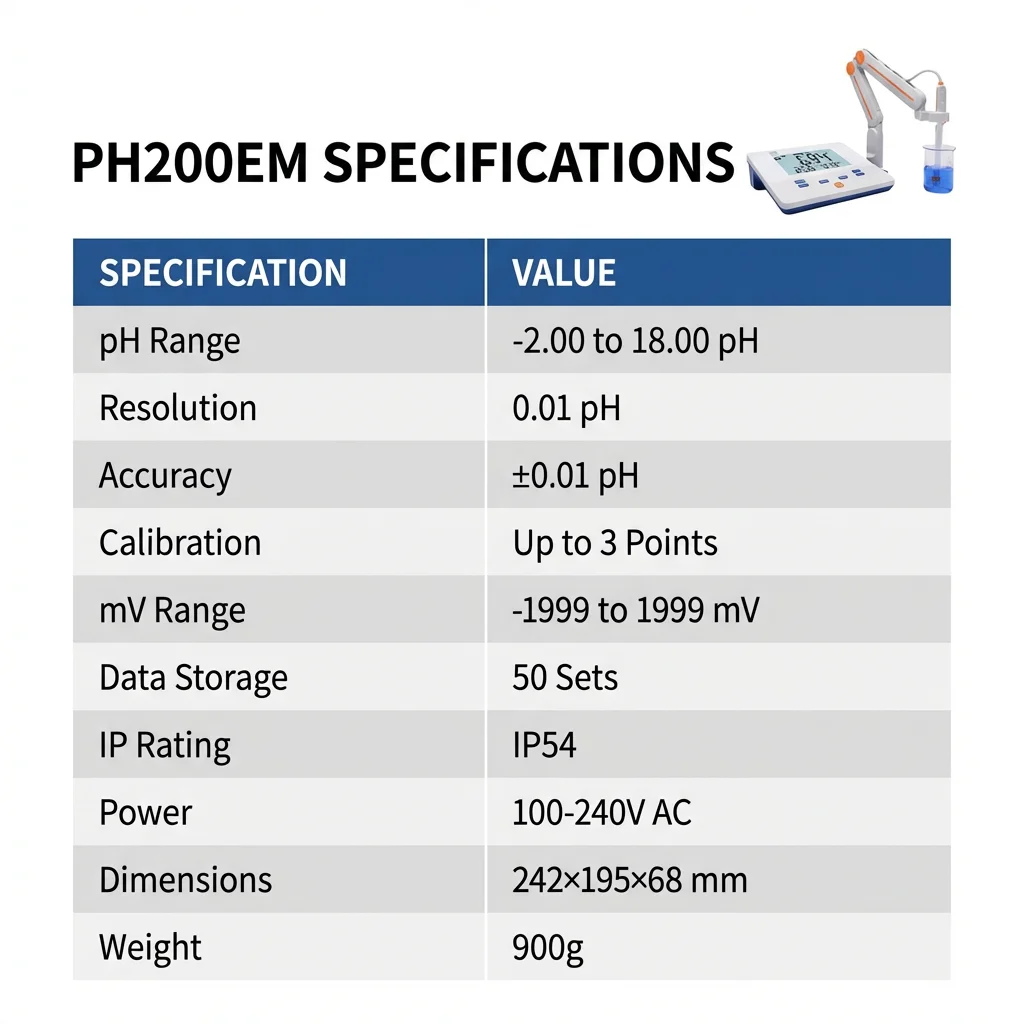 PH200EM Benchtop pH Meter -2.00~18.00pH ±0.01pH Accuracy 6.0" LCD IP54 Water Resistant Lab Water Testing
PH200EM Benchtop pH Meter -2.00~18.00pH ±0.01pH Accuracy 6.0" LCD IP54 Water Resistant Lab Water Testing
