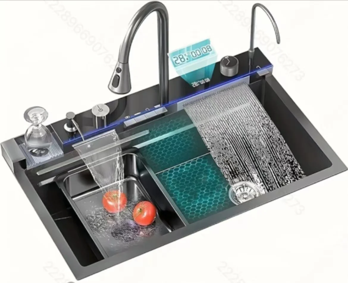 Hot Multi-Functional Handmade Kitchen Rectangular Double 4-Function Faucet Whale Head Basin Smart Sink Kitchen Rectangular