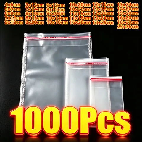 1000-100 szt. przezroczystych torebek plastikowych OPP z samoprzylepnym zamknięciem do pakowania biżuterii, ciastek, cukierków, prezentów i ciasteczek.