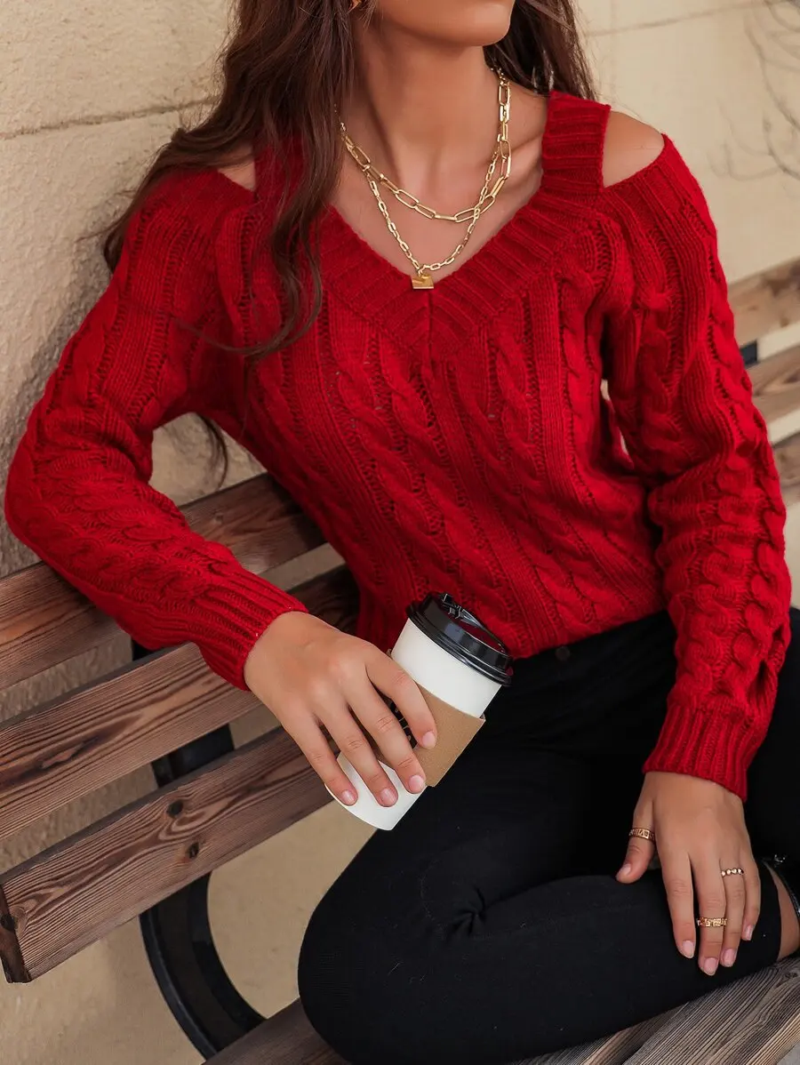 Red Cable Knit V-Neck Cutout Shoulder Sweater for Women
Red Cable Knit V-Neck Cutout Shoulder Sweater for Women