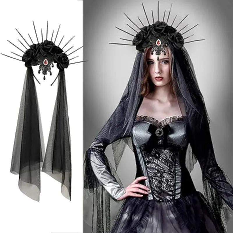 Gothic halo crown, flower headband, black veil. Sunburst Spike crown accessory for ladies Halloween costume hair accessory
Gothic halo crown, flower headband, black veil. Sunburst Spike crown accessory for ladies Halloween costume hair accessory