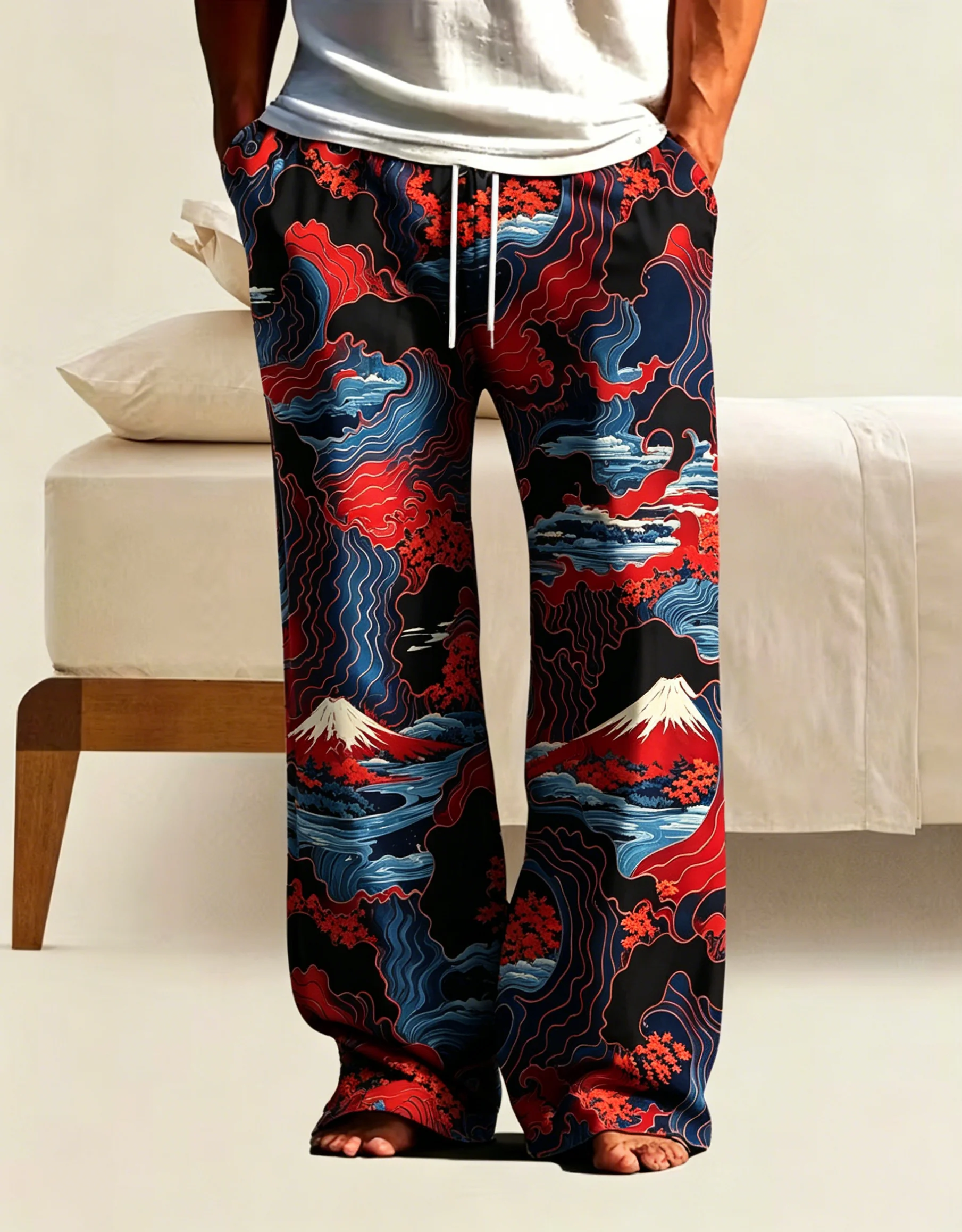 Men's Spring Summer Fuji Wave Print Drawstring Long Pants, Casual Beach Vacation Printed Loose Trousers
Men's Spring Summer Fuji Wave Print Drawstring Long Pants, Casual Beach Vacation Printed Loose Trousers