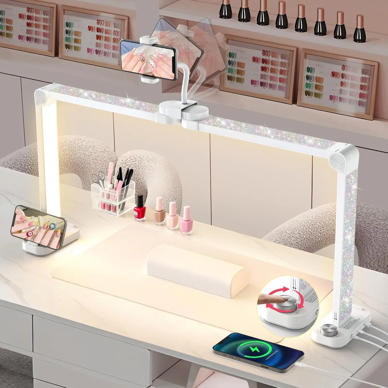 Foldable LED Desk Lamp: 34" Half Moon Light, Stepless Brightness 3000K-6500K for Salon Nail Tech (White Diamond)
Foldable LED Desk Lamp: 34" Half Moon Light, Stepless Brightness 3000K-6500K for Salon Nail Tech (White Diamond)