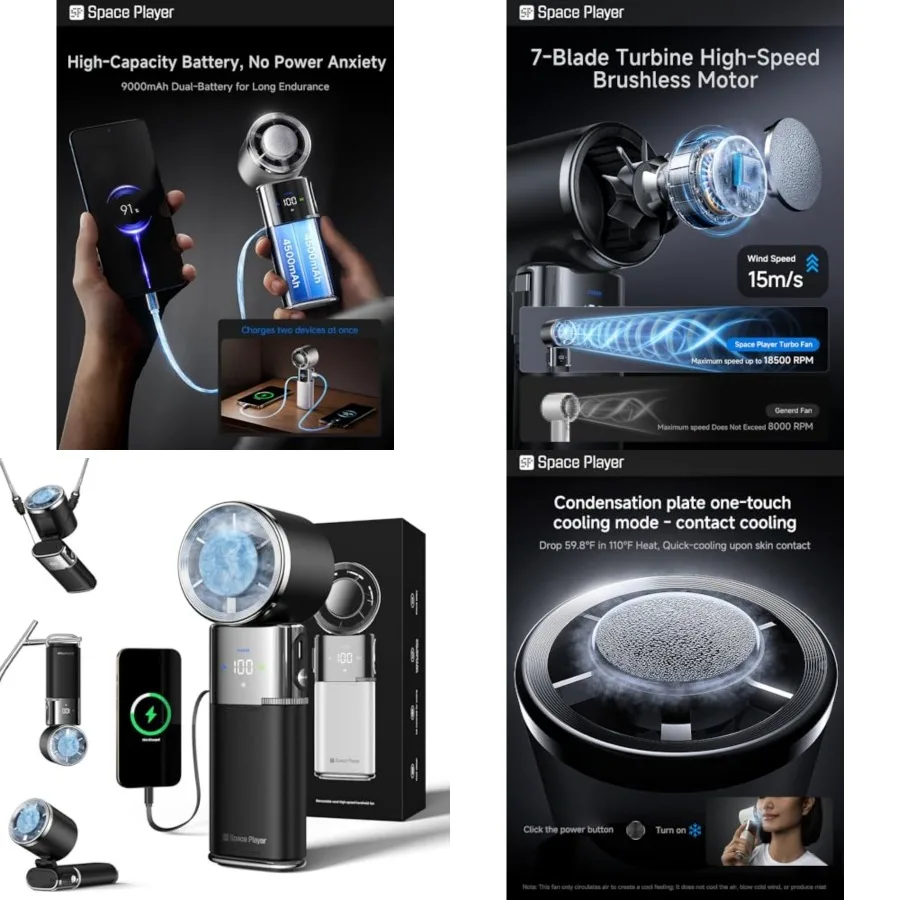 Portable Handheld Turbo Fan with Ice Cooling, 9000mAh Rechargeable Personal Fan, 100-Speed Wind, Built-in Type-C Cable, LED Dis
Portable Handheld Turbo Fan with Ice Cooling, 9000mAh Rechargeable Personal Fan, 100-Speed Wind, Built-in Type-C Cable, LED Dis