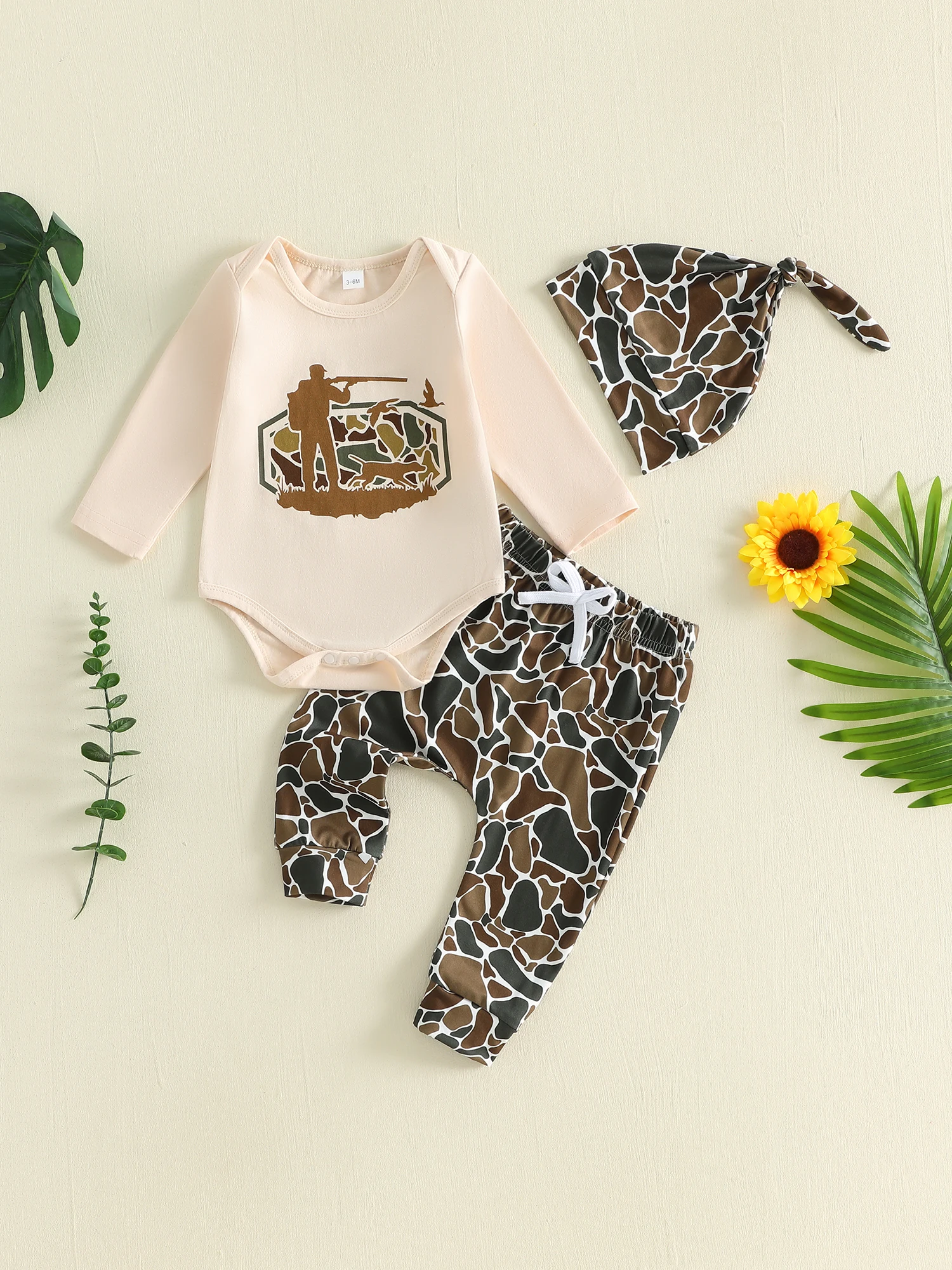 Infant Boys Autumn Clothing Set with Long Sleeve Camo Print Bodysuit Elastic Waist Trousers and Matching Hat - 3 Piece
Infant Boys Autumn Clothing Set with Long Sleeve Camo Print Bodysuit Elastic Waist Trousers and Matching Hat - 3 Piece