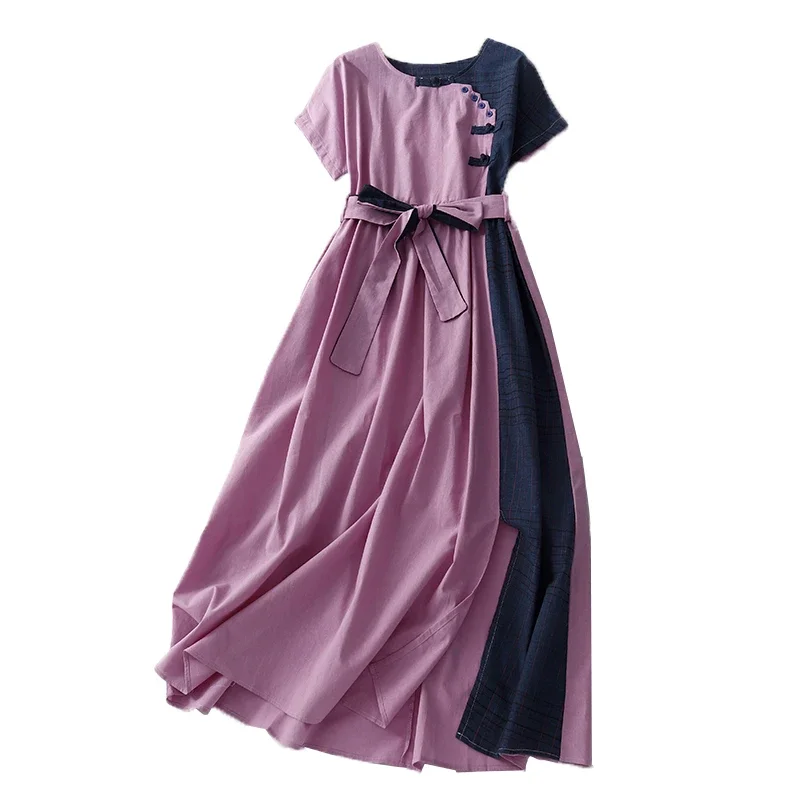 Women's Vintage Patchwork Cotton Linen Dress Short Sleeve Waist Belt Long Maxi Dress
Women's Vintage Patchwork Cotton Linen Dress Short Sleeve Waist Belt Long Maxi Dress