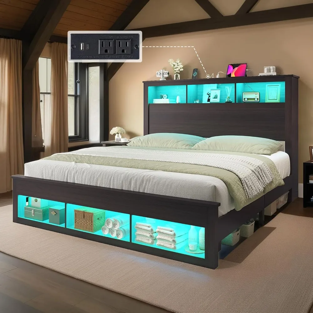 Queen Size Bed with Bookcase Storage Headboard and Footboard, LED Platform Bed Frame with Charging Station/No Box Sprin
Queen Size Bed with Bookcase Storage Headboard and Footboard, LED Platform Bed Frame with Charging Station/No Box Sprin