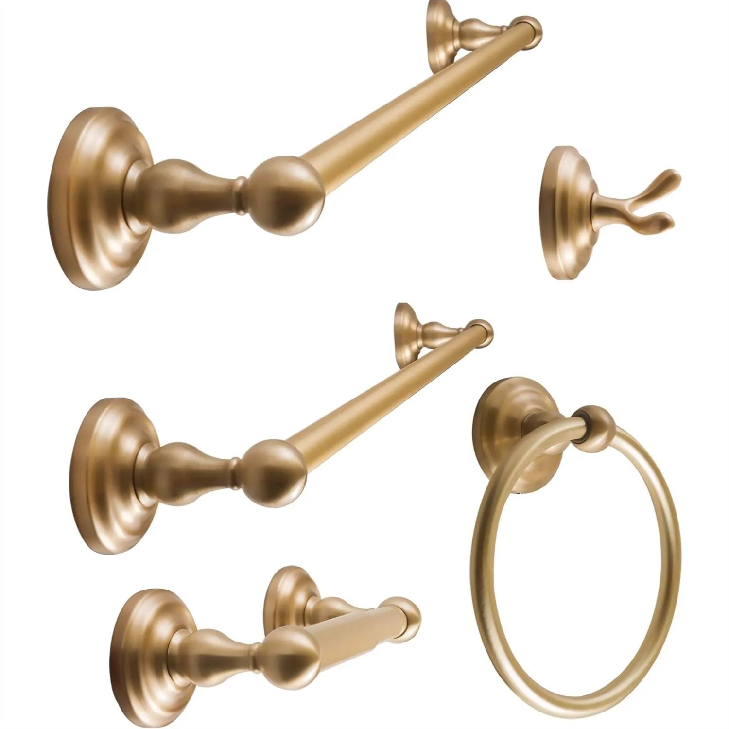 Gold Bathroom Accessories Set 5-Piece, Heavy Duty Metal Towel Bar 18" & 24", Toilet Paper Holder, Towel Ring, Robe Hook, Satin
Gold Bathroom Accessories Set 5-Piece, Heavy Duty Metal Towel Bar 18" & 24", Toilet Paper Holder, Towel Ring, Robe Hook, Satin