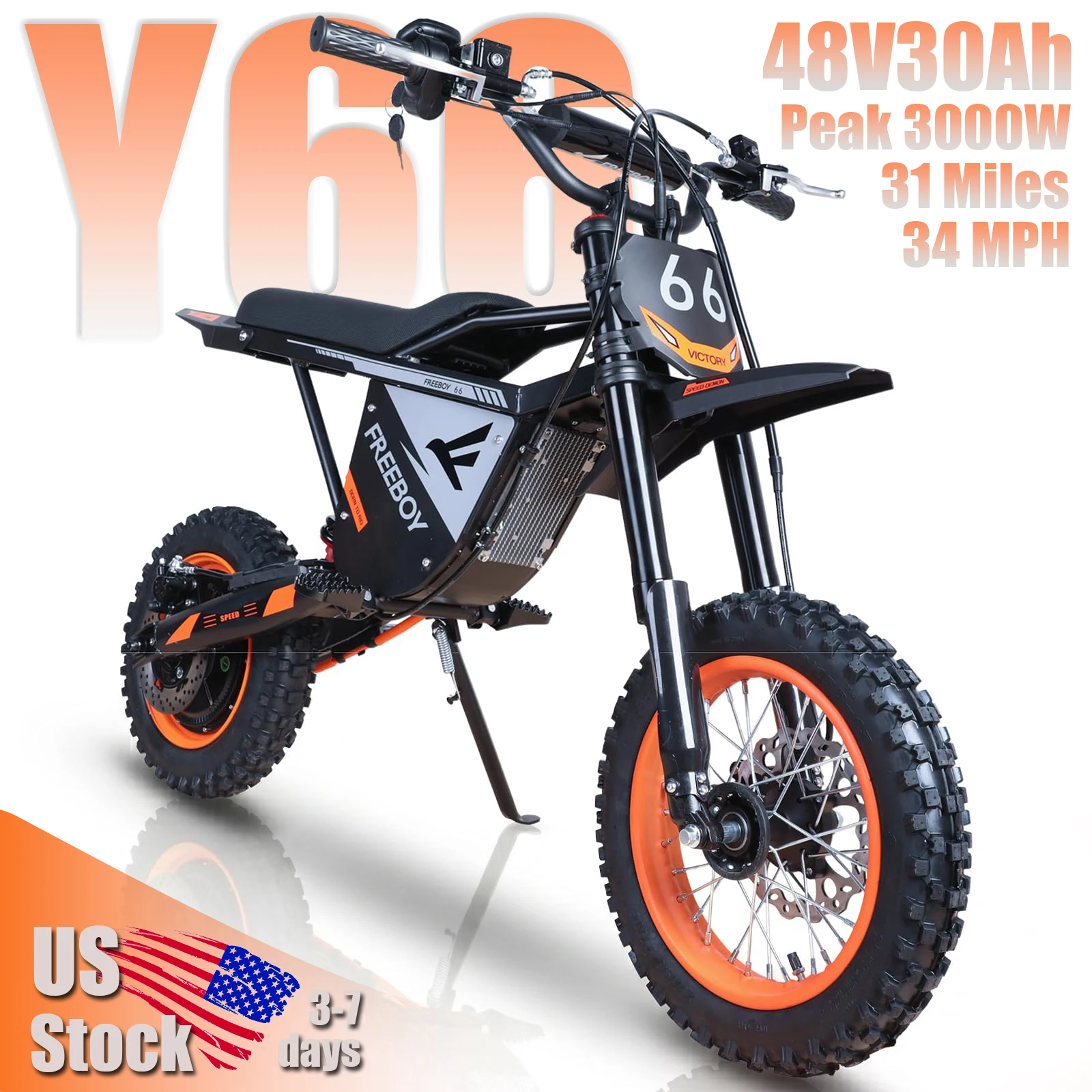 Y66 Off-Road Electric Motorcycle 3000W Brushless Motor 2016Wh High-Density Battery BMS Protection 31Miles Max Range 34MPH Max speed 20° Up Slop 12'' Front 10'' Rear All-terrain Tires Full Suspension System Hydraulic Disc Brakes Adult Ebike US Stock Direct
Y66 Off-Road Electric Motorcycle 3000W Brushless Motor 2016Wh High-Density Battery BMS Protection 31Miles Max Range 34MPH Max speed 20° Up Slop 12'' Front 10'' Rear All-terrain Tires Full Suspension System Hydraulic Disc Brakes Adult Ebike US Stock Direct