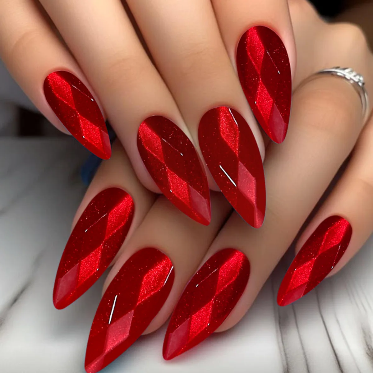 Long Almond Press On Nails, Glossy Red Cat Eye with Diamond Pattern, Luxury European Style Reusable Fake Nails
Long Almond Press On Nails, Glossy Red Cat Eye with Diamond Pattern, Luxury European Style Reusable Fake Nails