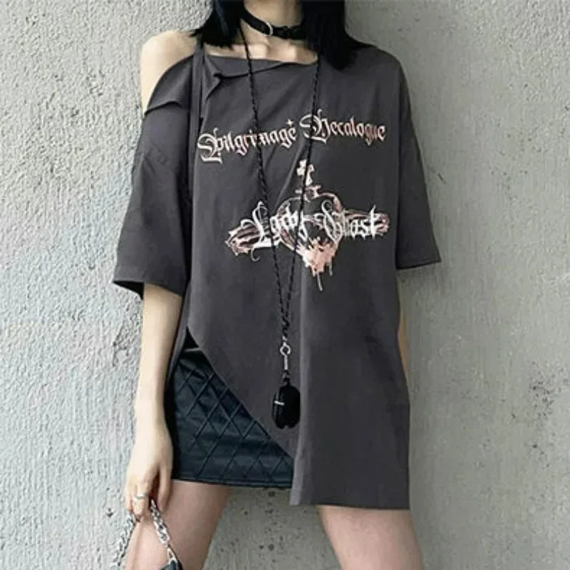 Korean Fashion Y2k Clothes Loose Tops Skew Collar Off-shoulder Short Sleeve Tees Irregular Split Letter Print Women T-shirts
Korean Fashion Y2k Clothes Loose Tops Skew Collar Off-shoulder Short Sleeve Tees Irregular Split Letter Print Women T-shirts