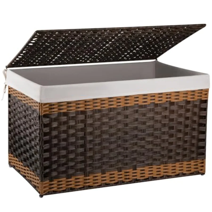 Storage Basket with Lid, 42.3 Gallon Blanket Basket with Removable Liner Bag, Synthetic Wicker Hamper with Handle, Foldable, Ha
Storage Basket with Lid, 42.3 Gallon Blanket Basket with Removable Liner Bag, Synthetic Wicker Hamper with Handle, Foldable, Ha
