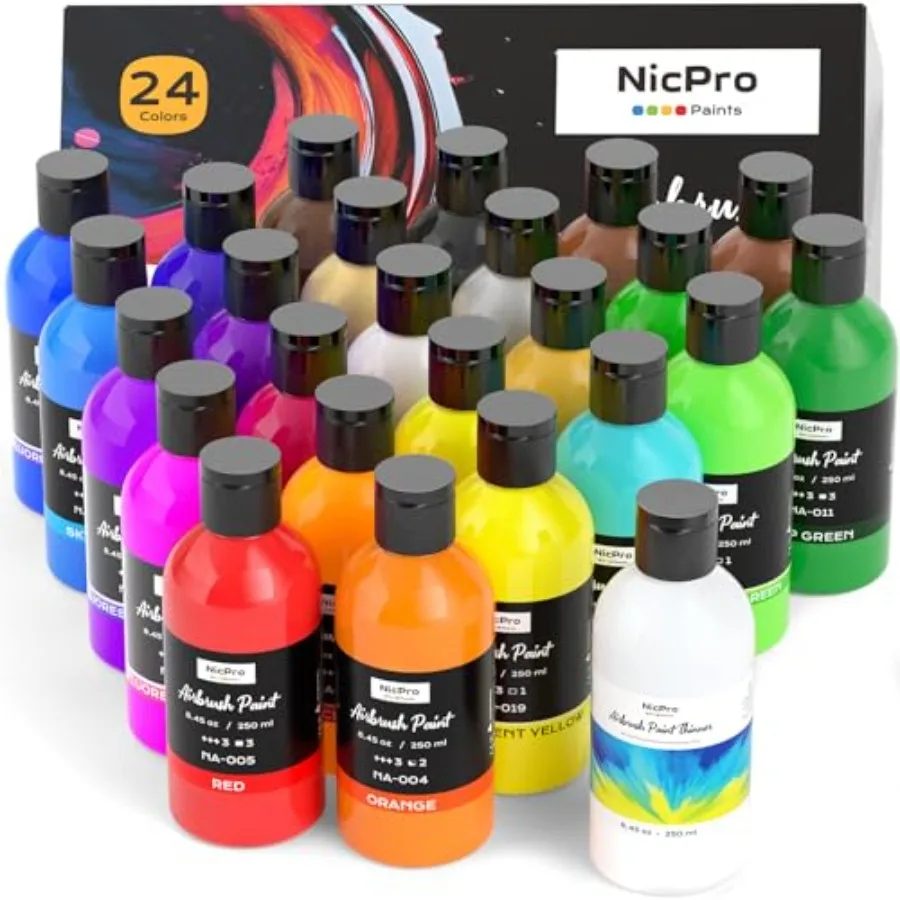 24 Colors Airbrush Paint 8.45 oz, 250 ml with 1 Thinner, Large Bulk Ready to Spray Airbrush Paint Set, Opaque Water-Based Acryl
24 Colors Airbrush Paint 8.45 oz, 250 ml with 1 Thinner, Large Bulk Ready to Spray Airbrush Paint Set, Opaque Water-Based Acryl