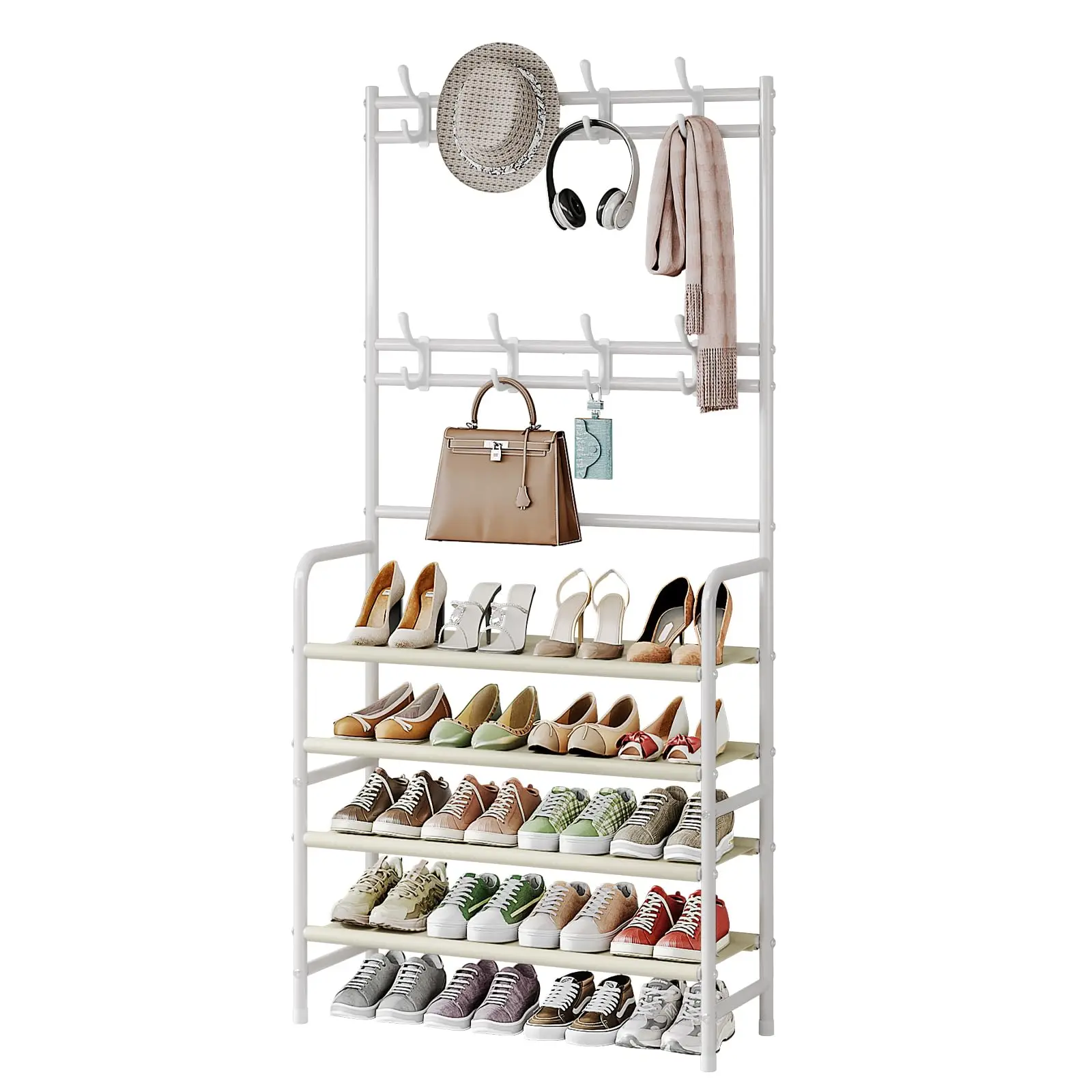 4-Tier White Shoe Organizer With 8 Hooks For Coats Hats Bags In Entryway Living Room Or Bedroom
4-Tier White Shoe Organizer With 8 Hooks For Coats Hats Bags In Entryway Living Room Or Bedroom
