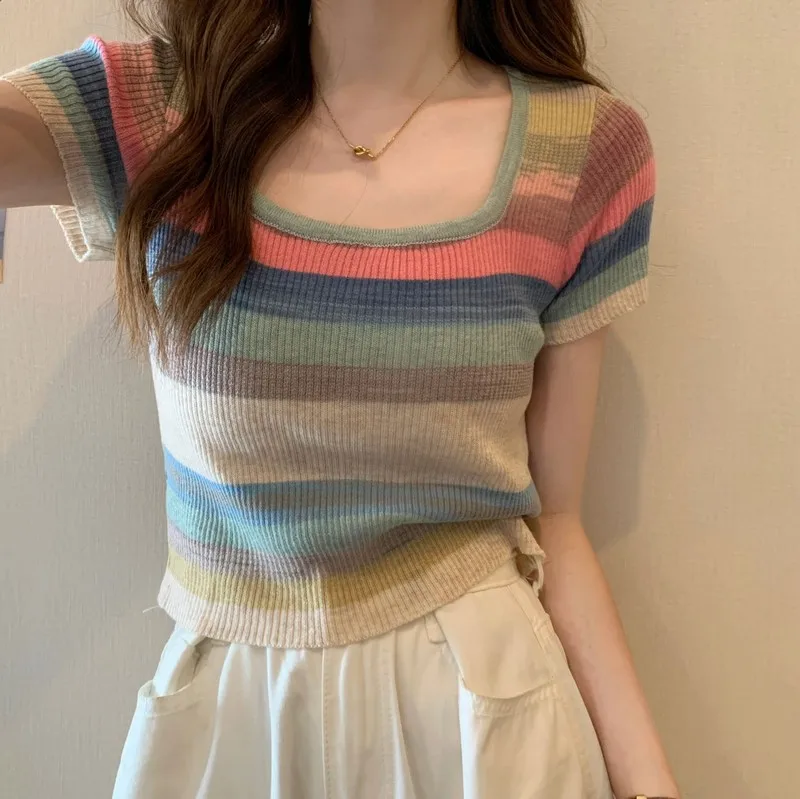 plus Size Women's Rainbow Stripes Knitted Short Sleeve T-Shirt Square Collar Base Shirt Design Sensation Spring Summer Top
plus Size Women's Rainbow Stripes Knitted Short Sleeve T-Shirt Square Collar Base Shirt Design Sensation Spring Summer Top