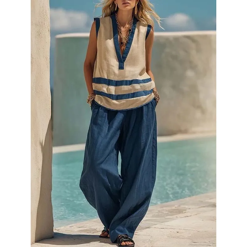 Summer Beach Vacation Pants Set Casual Color Blocked Deep V Neck Sleeveless Top+ Loose Pocket Wide Leg Pants 2 Piece Suit Female
Summer Beach Vacation Pants Set Casual Color Blocked Deep V Neck Sleeveless Top+ Loose Pocket Wide Leg Pants 2 Piece Suit Female