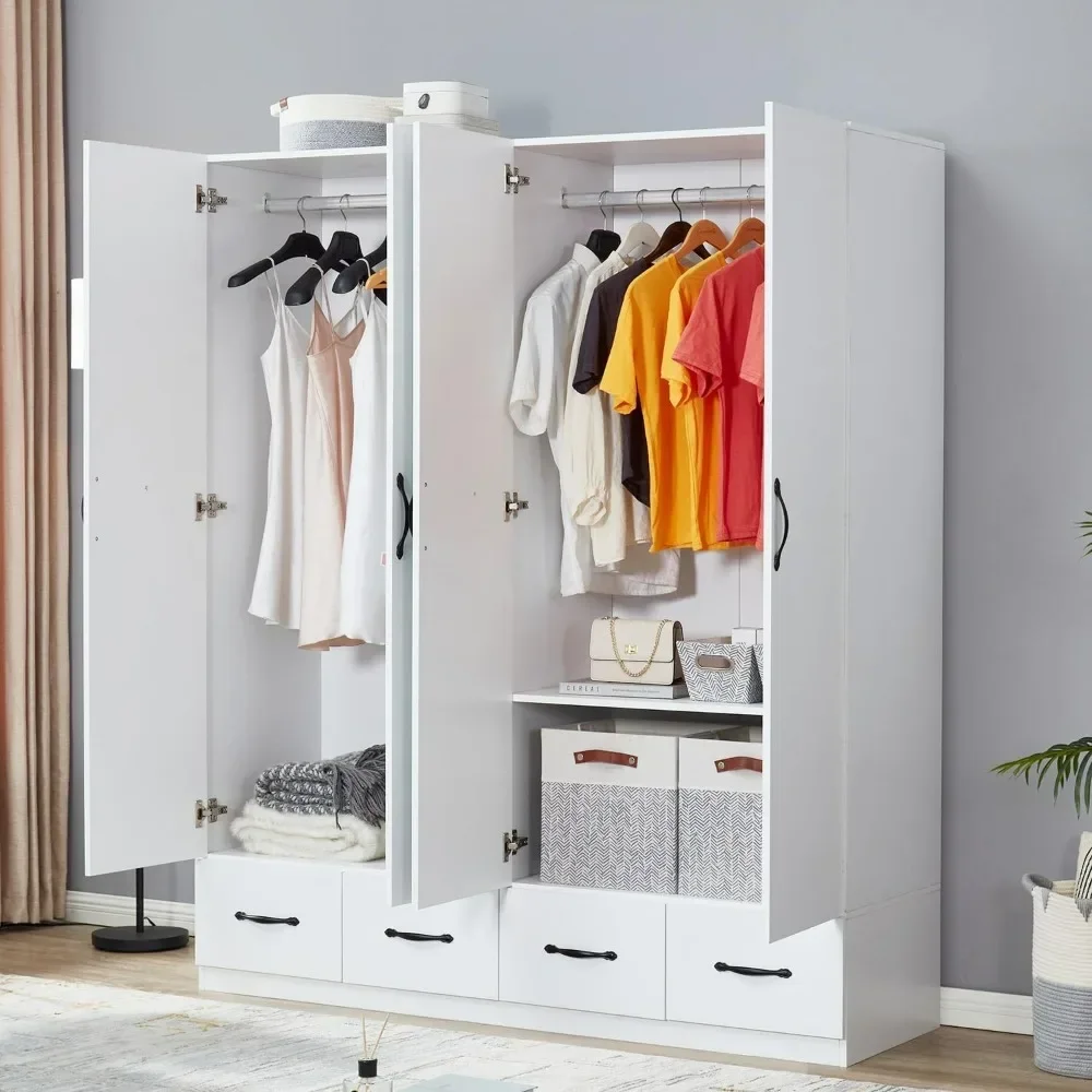 Height 74.2 "mirror white four door independent wooden wardrobe with hanging rod, clothes storage rack, four drawers
Height 74.2 "mirror white four door independent wooden wardrobe with hanging rod, clothes storage rack, four drawers
