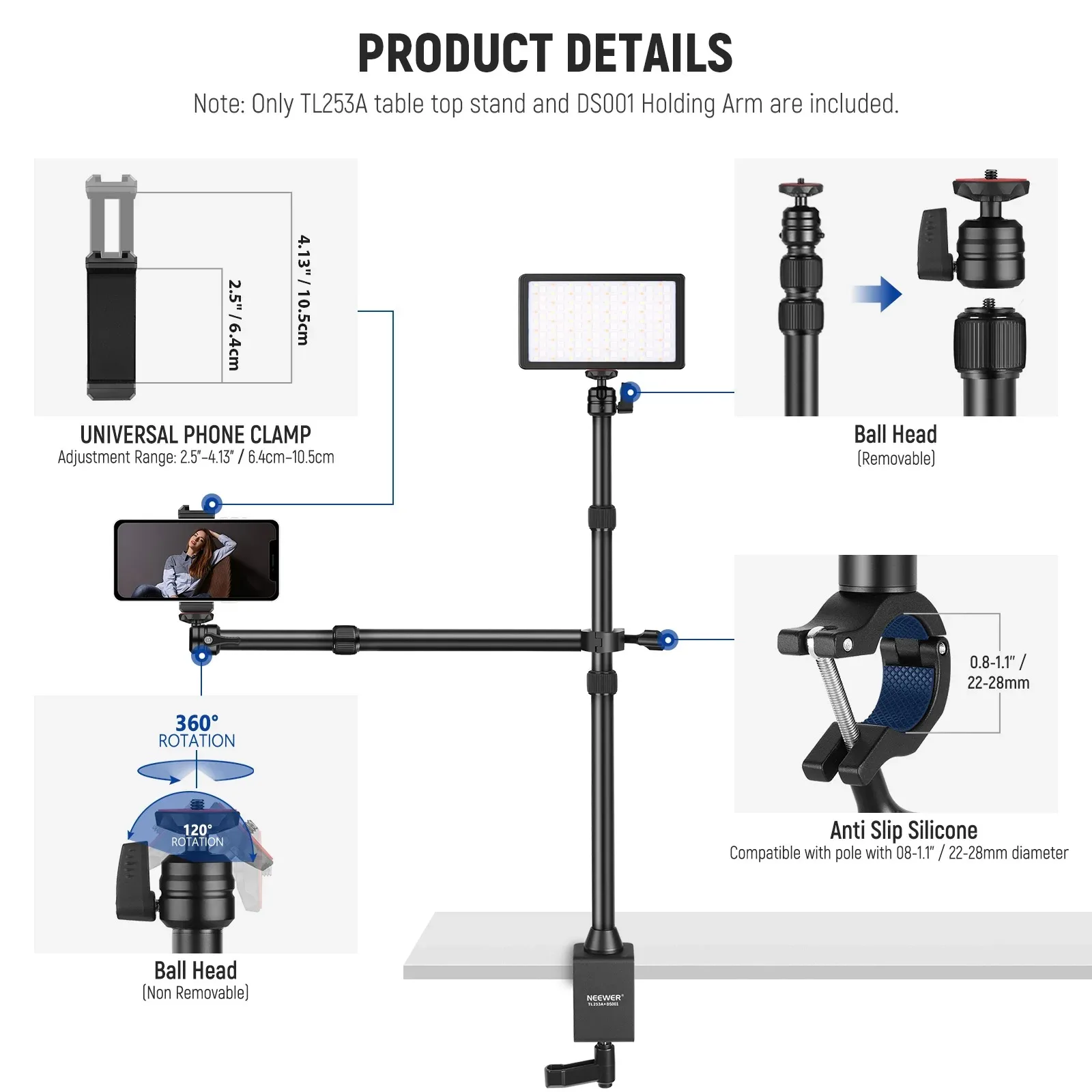 2025NEEWER Aluminum Alloy Tabletop Overhead Camera Mount Stand 2-Section Telescopic Extension Arm Phone Holder Ball Heads Screw
2025NEEWER Aluminum Alloy Tabletop Overhead Camera Mount Stand 2-Section Telescopic Extension Arm Phone Holder Ball Heads Screw