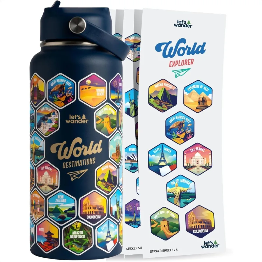 Бутылка для воды World с 2 комплектами по 50 водонепроницаемых наклеек, герметичная изолированная нержавеющая сталь на 32 унции с соломинкой, подарочная бутылка для путешествий Ti 
Бутылка для воды World с 2 комплектами по 50 водонепроницаемых наклеек, герметичная изолированная нержавеющая сталь на 32 унции с соломинкой, подарочная бутылка для путешествий Ti