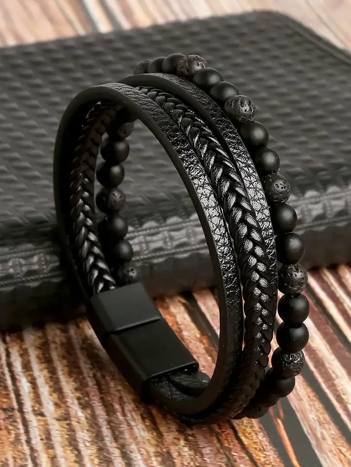 Vintage men's natural lava stone matte black onyx multi-layer leather beaded bracelet
Vintage men's natural lava stone matte black onyx multi-layer leather beaded bracelet