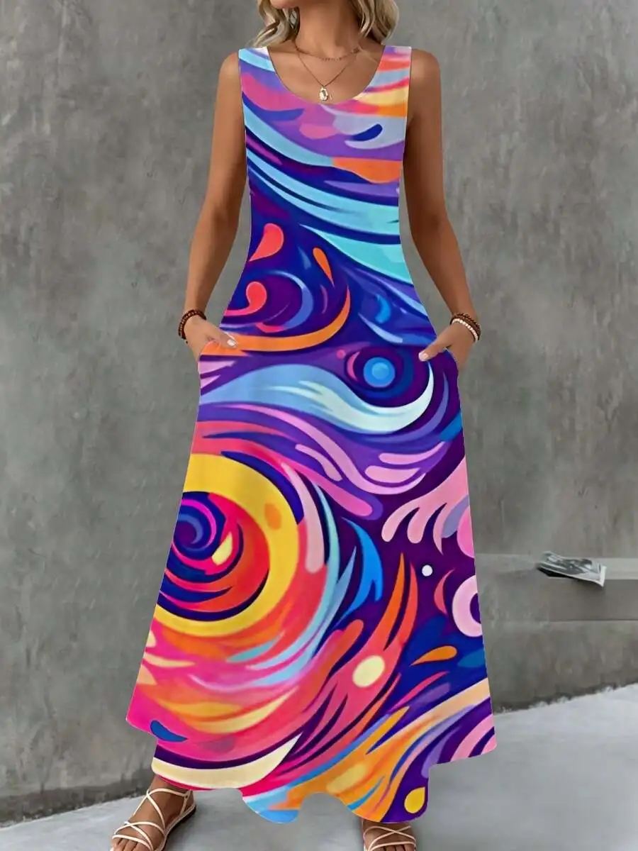 Sleeveless Maxi Dress Multicolor Abstract Wave Print Summer Beach Party Dress
Sleeveless Maxi Dress Multicolor Abstract Wave Print Summer Beach Party Dress