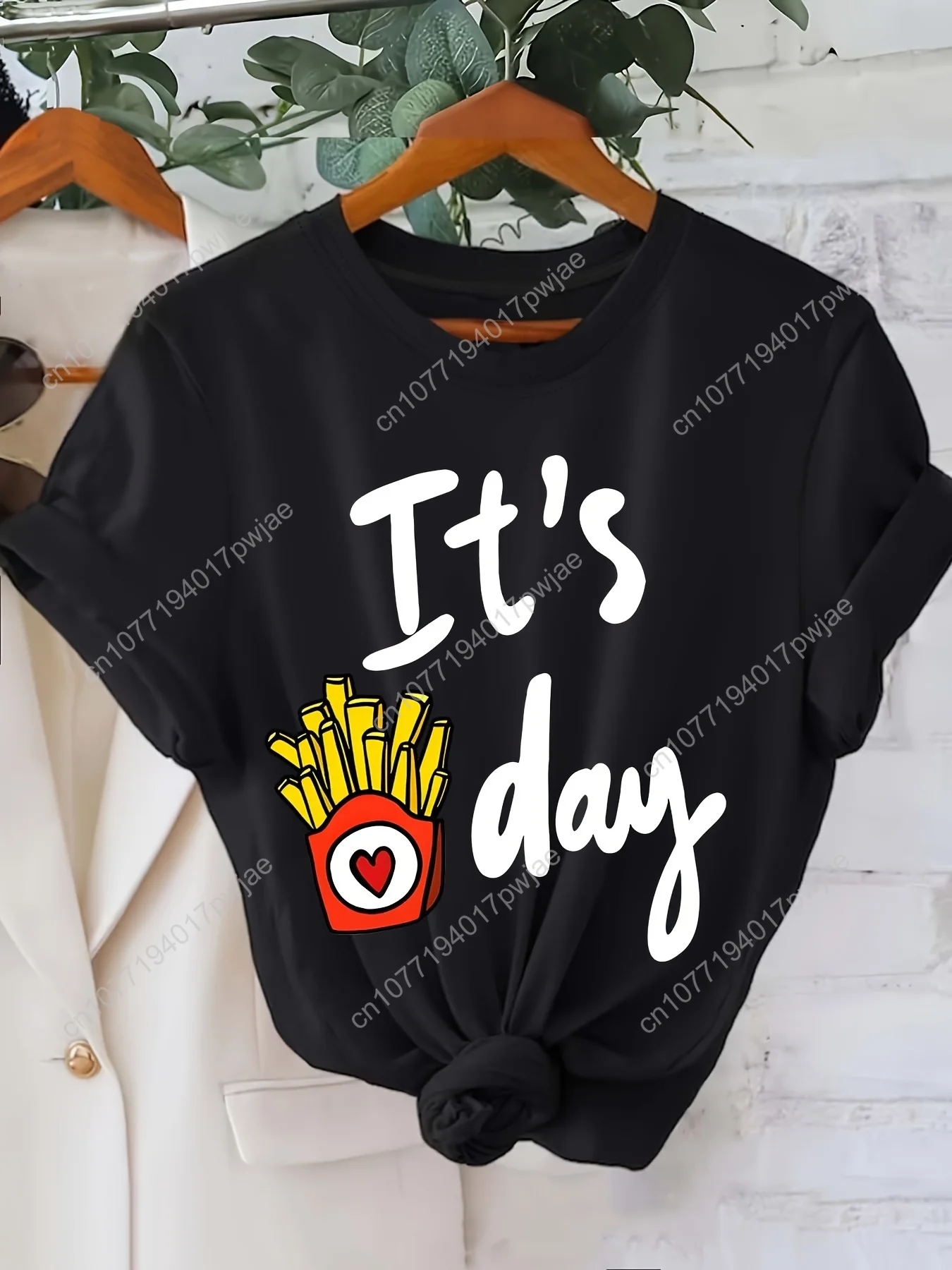Women'S Casual "It'S Day" French Fries Graphic T-Shirt - Short Sleeve Crew Neck, Black with Yellow Heart & French Fries Design,
Women'S Casual "It'S Day" French Fries Graphic T-Shirt - Short Sleeve Crew Neck, Black with Yellow Heart & French Fries Design,