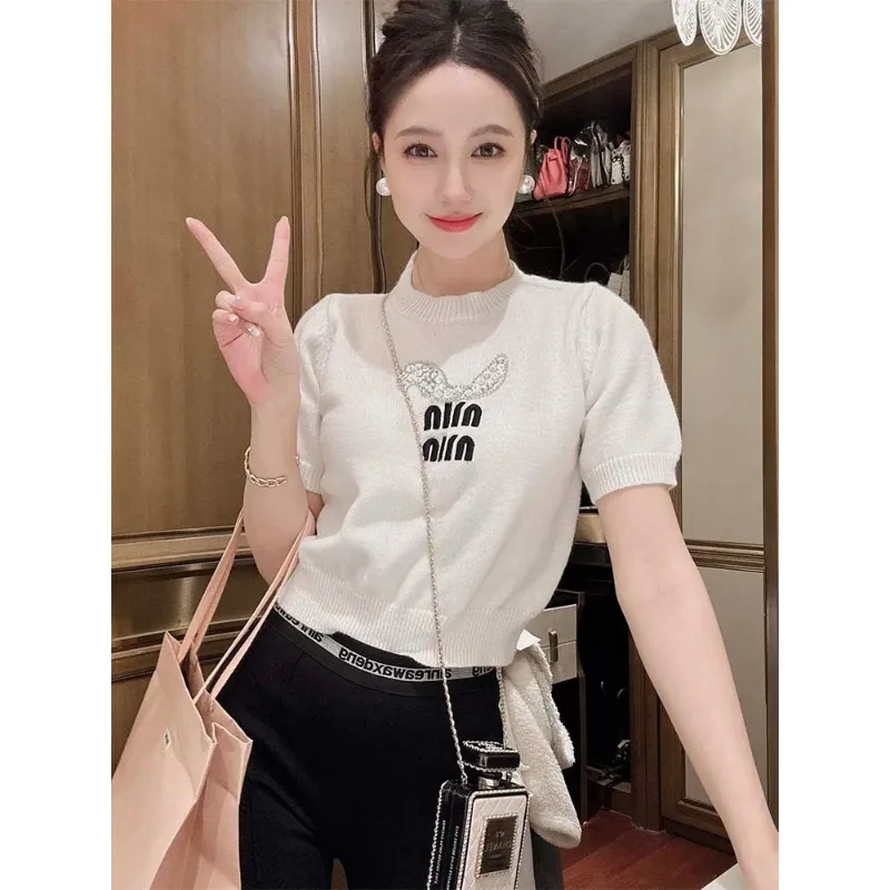 Women's Crystal Bunny Knit Top Rhinestone Letter Graphic Round Neck Short Sleeve Slim Fit Sweet Spring Pullover
Women's Crystal Bunny Knit Top Rhinestone Letter Graphic Round Neck Short Sleeve Slim Fit Sweet Spring Pullover
