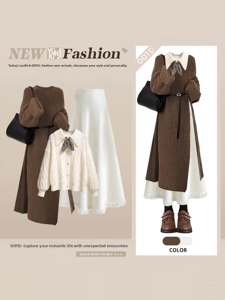 Retro Lazy Style Women's Knitted Set Long Sweater Skirt Slimming Maturity Three-piece Set Winter Spring Fashion Ensemble
Retro Lazy Style Women's Knitted Set Long Sweater Skirt Slimming Maturity Three-piece Set Winter Spring Fashion Ensemble