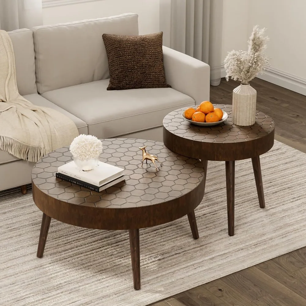 Round Coffee Table Set of 2, Nesting Tables with Honeycomb Pattern, Modern End Table for Living Room, Farmhouse, Brown
Round Coffee Table Set of 2, Nesting Tables with Honeycomb Pattern, Modern End Table for Living Room, Farmhouse, Brown