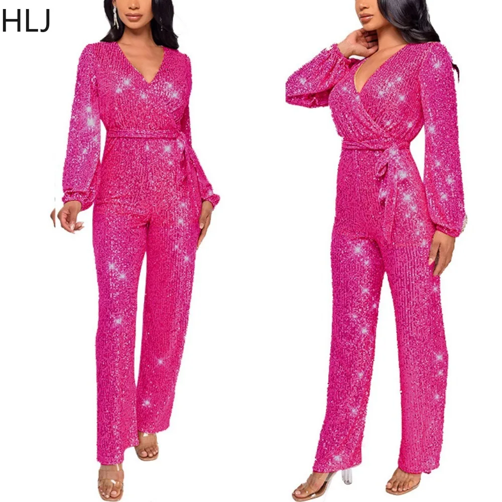 HLJ Fashion V Neck Sequin Lace Up Straight Jumpsuits Elegant Lady Long Sleeve Bandage Wide Leg Pants Playsuits Female Overalls
HLJ Fashion V Neck Sequin Lace Up Straight Jumpsuits Elegant Lady Long Sleeve Bandage Wide Leg Pants Playsuits Female Overalls