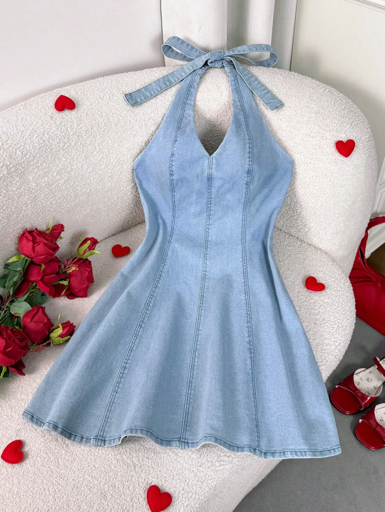Light Washed Jean Halter Mini Dress With Front Bow, Sleeveless A-Line Cut For Summer Spring Casual Or Valentine’s Day Outfit
Light Washed Jean Halter Mini Dress With Front Bow, Sleeveless A-Line Cut For Summer Spring Casual Or Valentine’s Day Outfit
