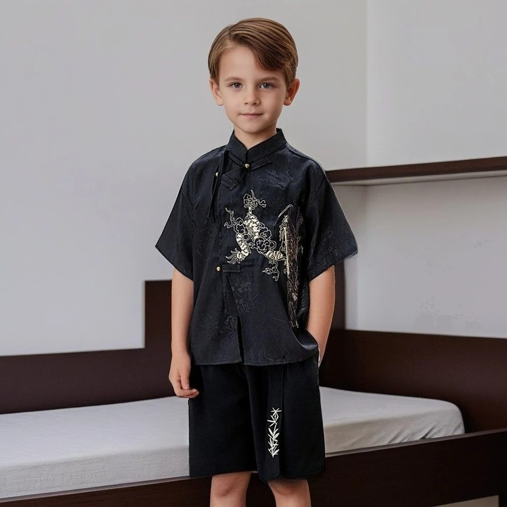 Boys Chinese Hanfu Set Black Embroidered Mandarin Vest Shorts Two-piece School Children Performance Costume Kids Outfits 10 Y
Boys Chinese Hanfu Set Black Embroidered Mandarin Vest Shorts Two-piece School Children Performance Costume Kids Outfits 10 Y