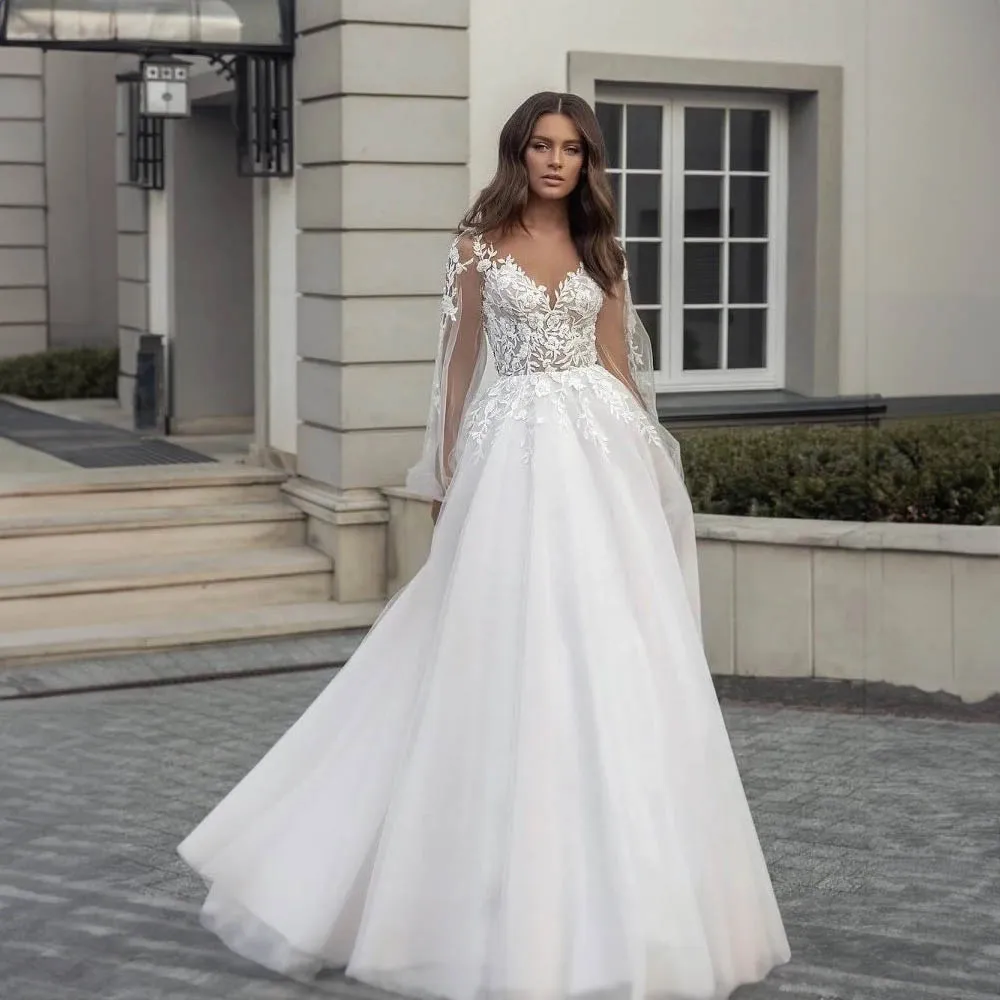 Floral Appliques Tulle Wedding Dresses See Through Puff Sleeves Wedding Gowns Elegant A-line Court Bridal Gown vestido de
Floral Appliques Tulle Wedding Dresses See Through Puff Sleeves Wedding Gowns Elegant A-line Court Bridal Gown vestido de